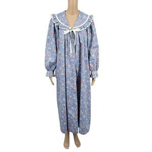 Vandemere Vintage Floral Blue Nightgown with Ruffle Lace Collar Cottagecore